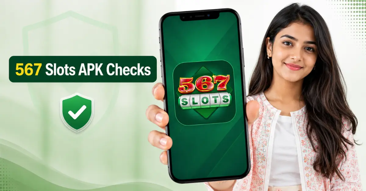 567 Slots APK checks shown on a phone with safety icon for login, bonus and withdrawal review