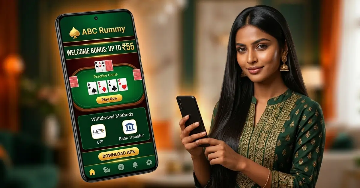 ABC Rummy APK download screen on Android phone with up to ₹55 signup bonus and UPI withdrawal option for users in India