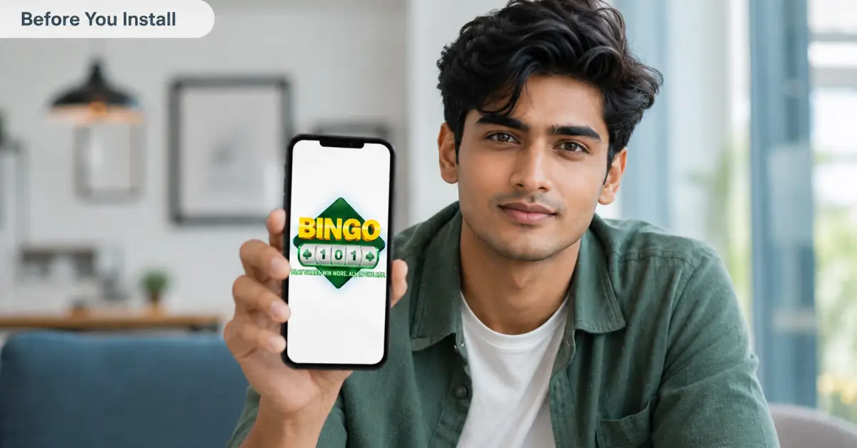Bingo 101 APK download shown on a phone held by a young Indian man