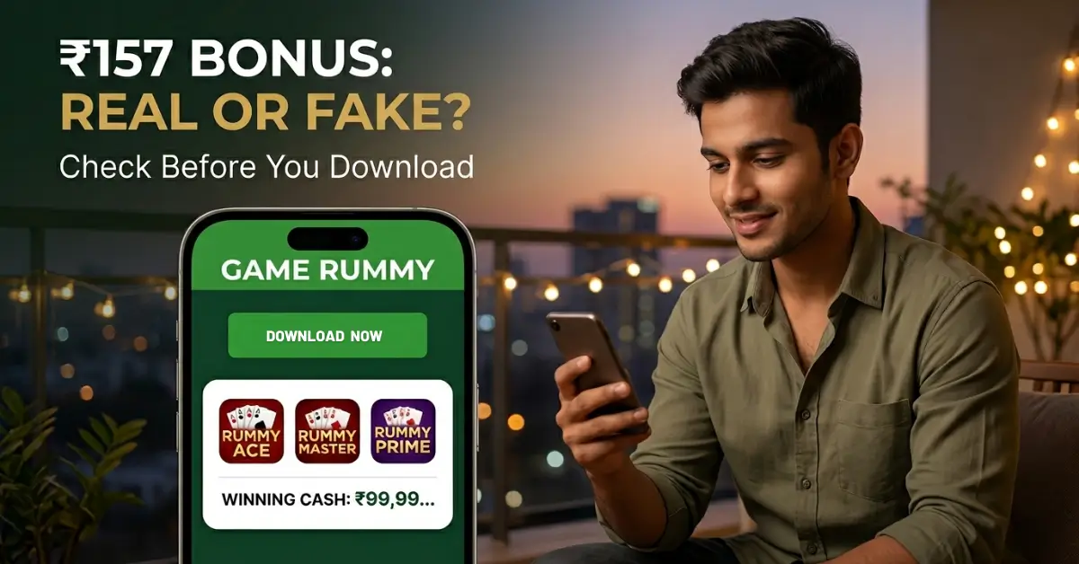 Young man checking Game Rummy APK bonus details on his phone before download in India