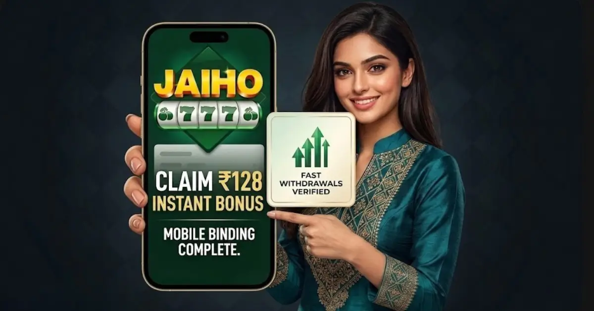 Real Indian woman holding a phone showing Jaiho 777 APK verified signup bonus claim and successful mobile number binding