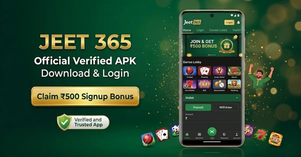 Jeet 365 APK download interface on a mobile phone showing the login screen and signup bonus details