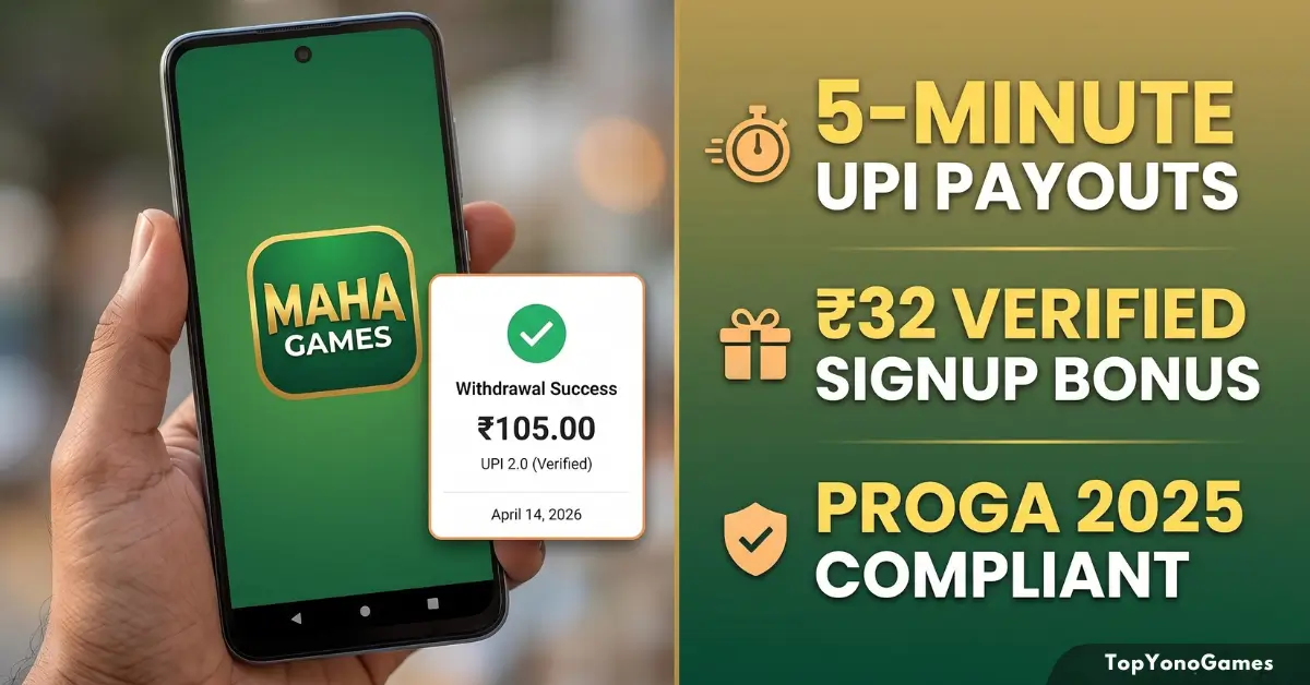 Maha Games mobile app screenshot confirming a real ₹105 withdrawal success via verified UPI 2.0, dated April 14, 2026 for trust