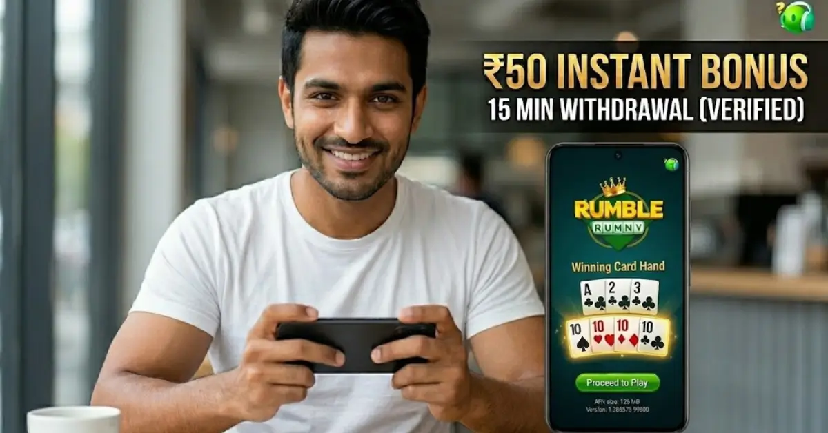 Rumble Rummy Yono APK Download on smartphone with ₹50 instant signup bonus, fast UPI withdrawal and real cash rummy cards