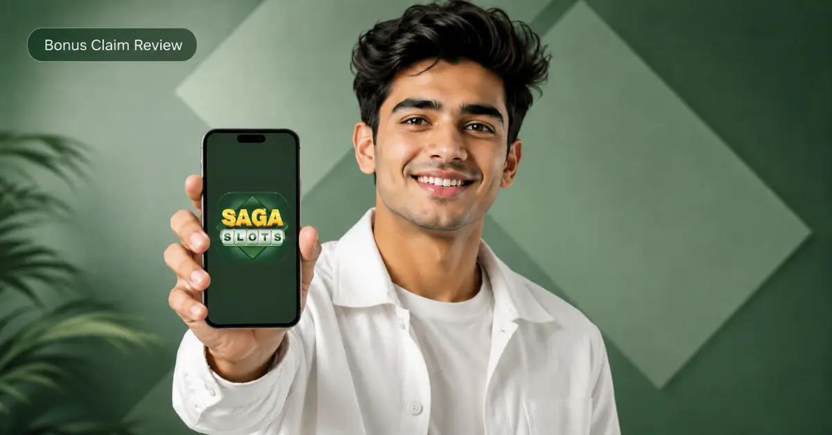 Young Indian man holding phone with Saga Slots app icon for Yono app bonus claim and APK safety review