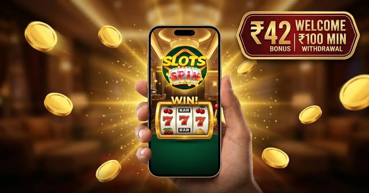 Slots Spin APK download dashboard on mobile showing ₹42 welcome bonus, ₹100 withdrawal, and UPI bank payment options