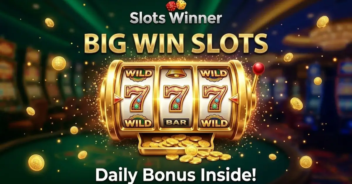 Slots Winner APK interface on a smartphone screen featuring a gold slot machine with triple seven symbols and bonus coins