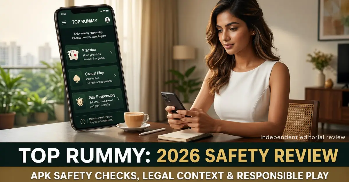 Top Rummy APK 2026 safety review visual with app screen, India legal context, and responsible play prompts