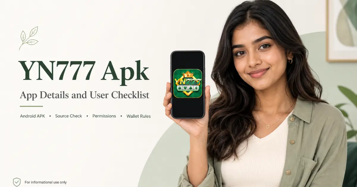 YN777 Apk user checklist visual with app icon on phone, source check, permissions, wallet rules and install notes
