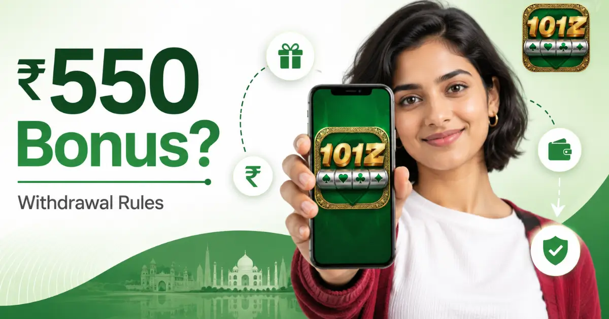 YONO 101Z APK bonus and withdrawal rules shown on a phone with rupee, wallet and safety check icons for users
