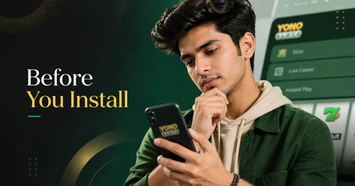 Yono Slots APK review image showing an Indian user checking app safety, bonus terms, and withdrawal risks