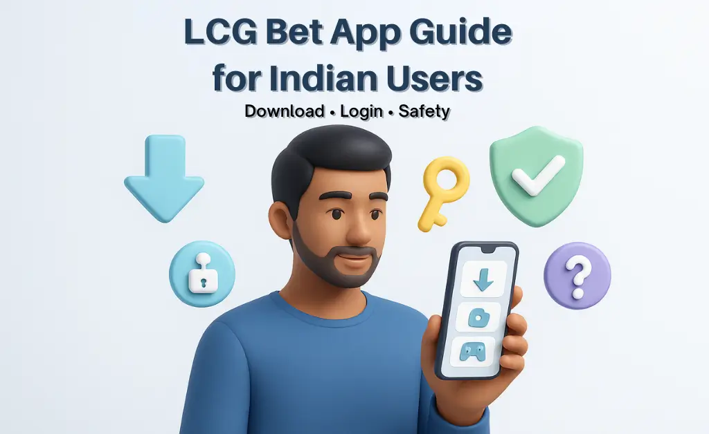 Indian user reading LCG Bet app guide on Android phone with download, login, and safety help