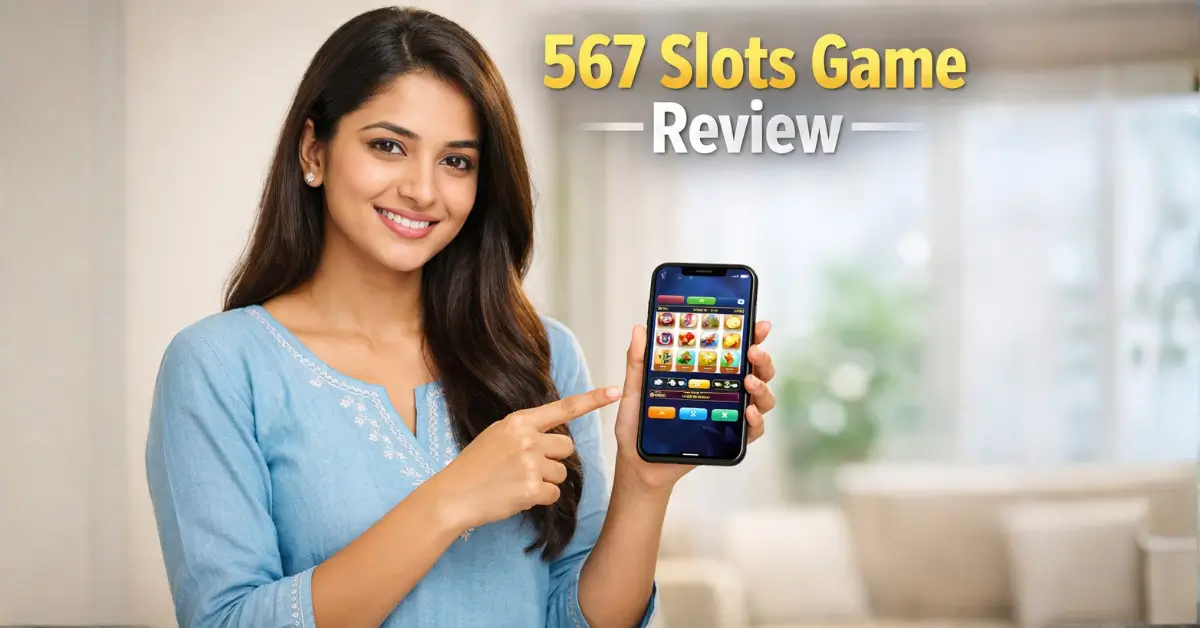 Indian woman holding a smartphone while explaining the 567 Slots game interface