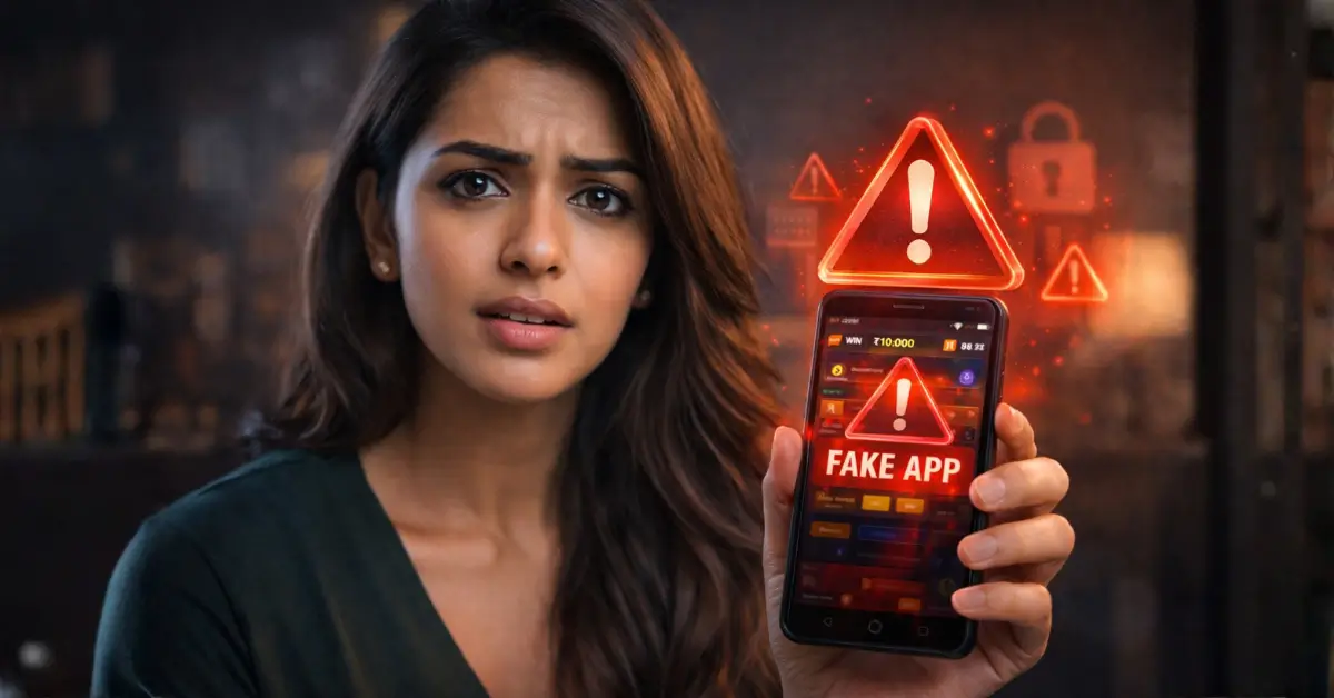 :Indian woman reviewing a fake YONO app warning on her smartphone