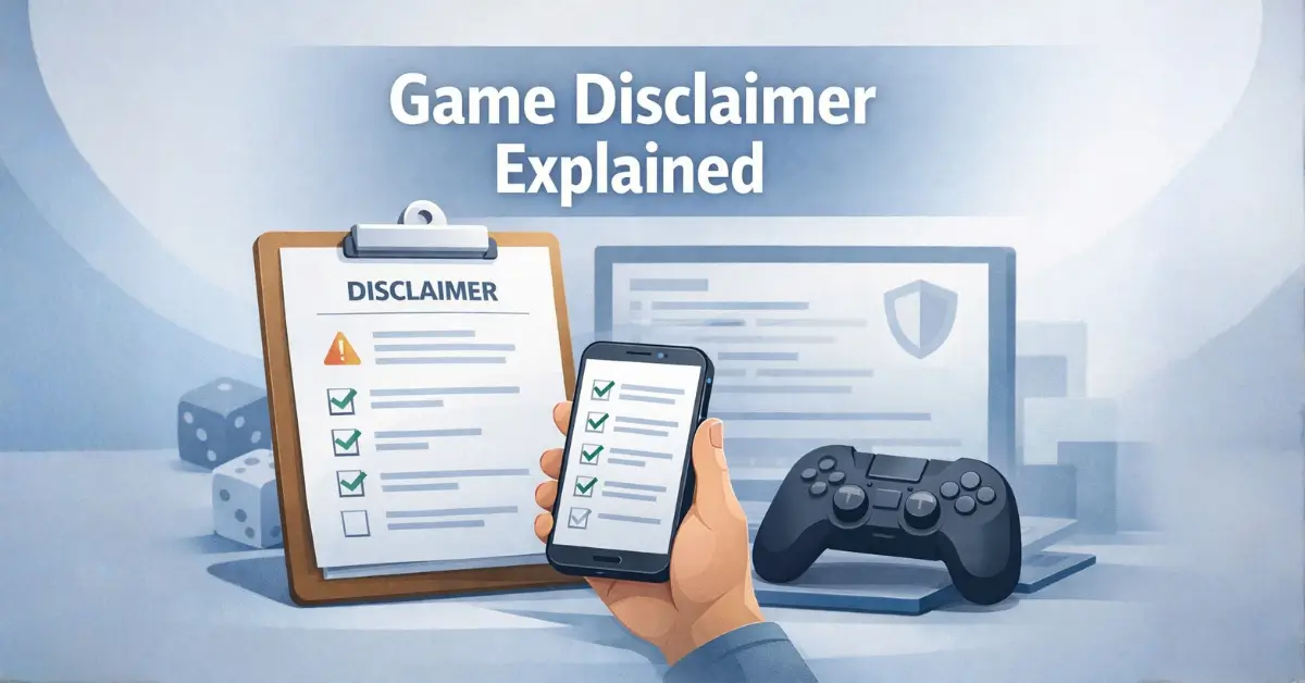 Illustration showing a clear game disclaimer with a checklist and gaming elements to explain risks and transparency