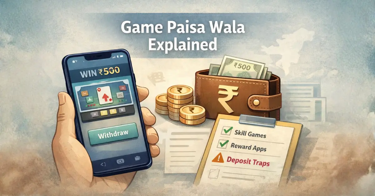 Illustration explaining how game paisa wala apps work in India, showing skill games, reward apps, and deposit risks