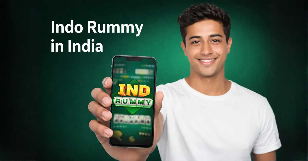 Young man holding a smartphone showing an Indo Rummy game screen, representing how Indo Rummy platforms are accessed in India
