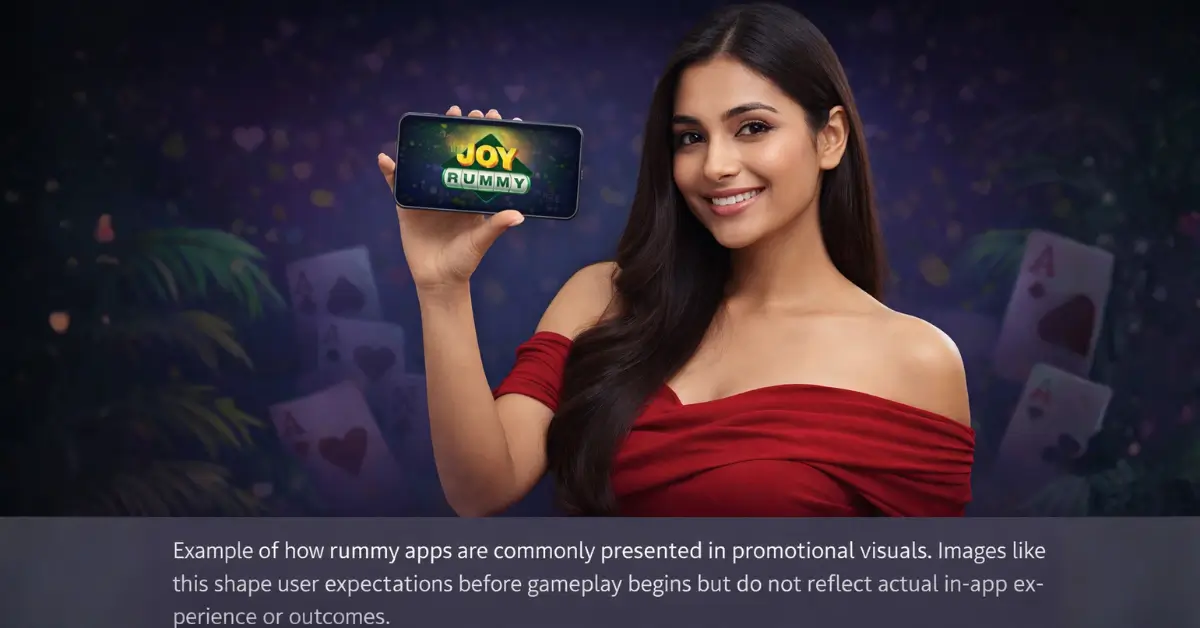 Illustration showing a mobile phone displaying the Joy Rummy app interface, representing how rummy apps are commonly presented to users