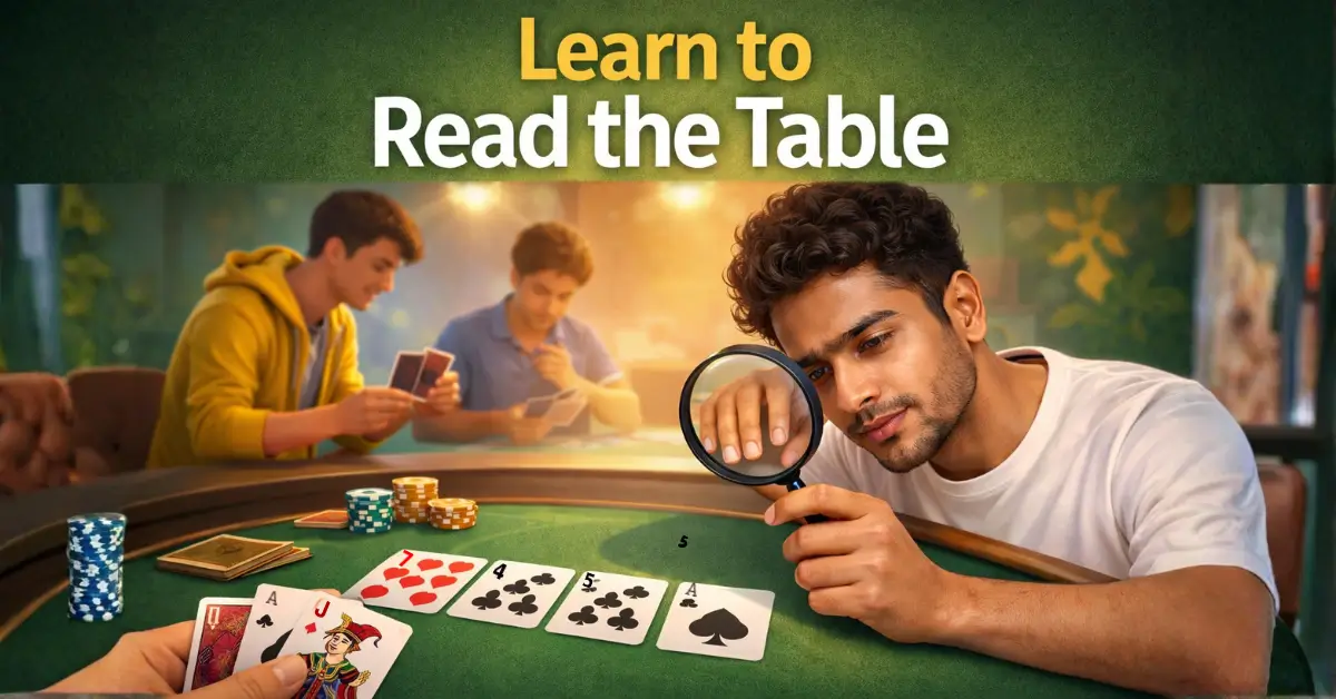 Indian man examining rummy cards with a magnifying glass, showing how to read the table and apply rummy tips in India