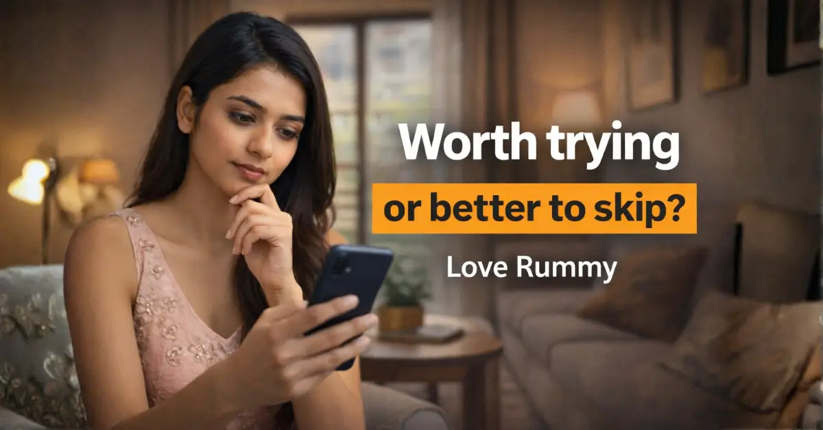 Indian woman thoughtfully checking Love Rummy app on her phone before deciding to try it