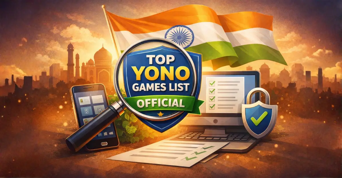 Editorial illustration explaining the Official Top Yono Games List India with verification and clarity elements