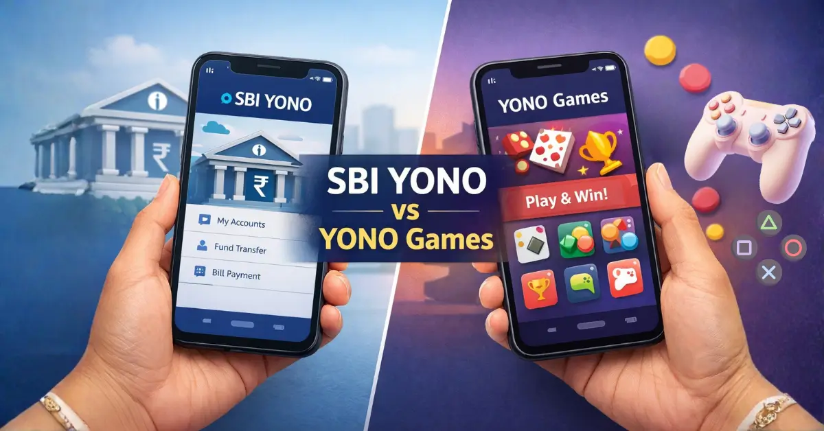 Comparison image showing SBI YONO banking app versus YONO Games apps on smartphones in India