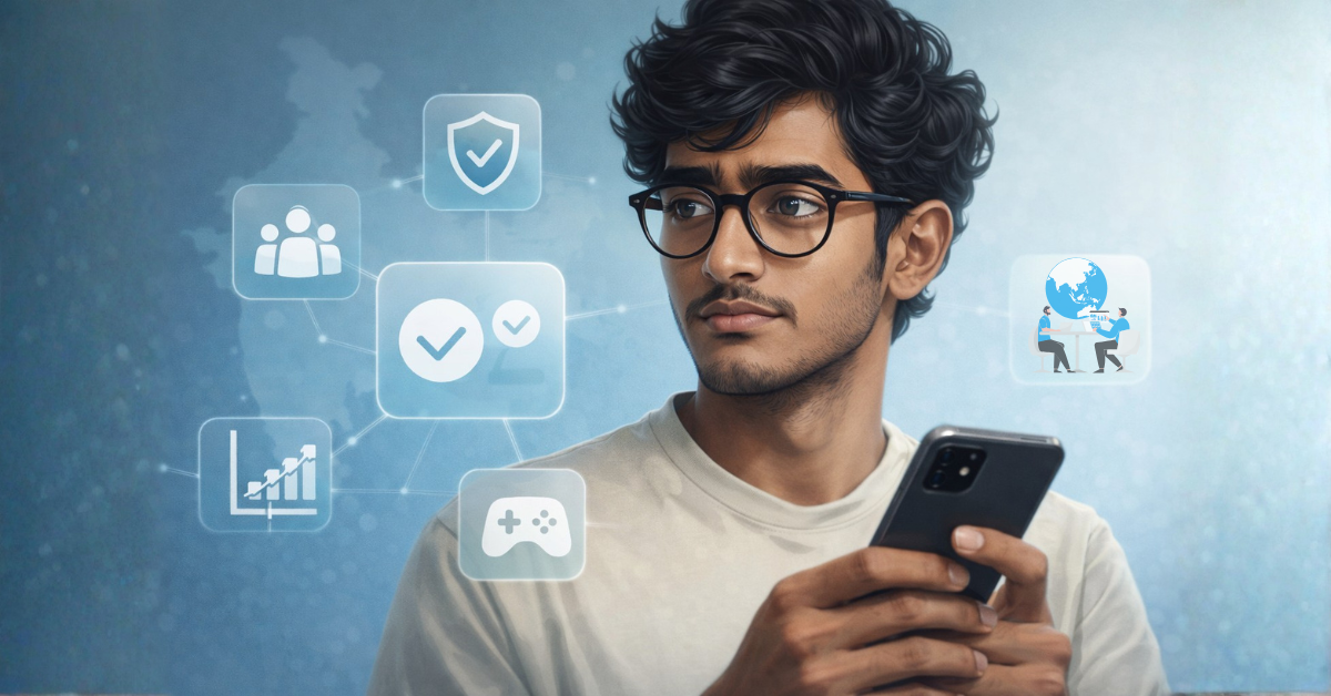 Indian user reviewing skill-based gaming models on a smartphone within a structured online community