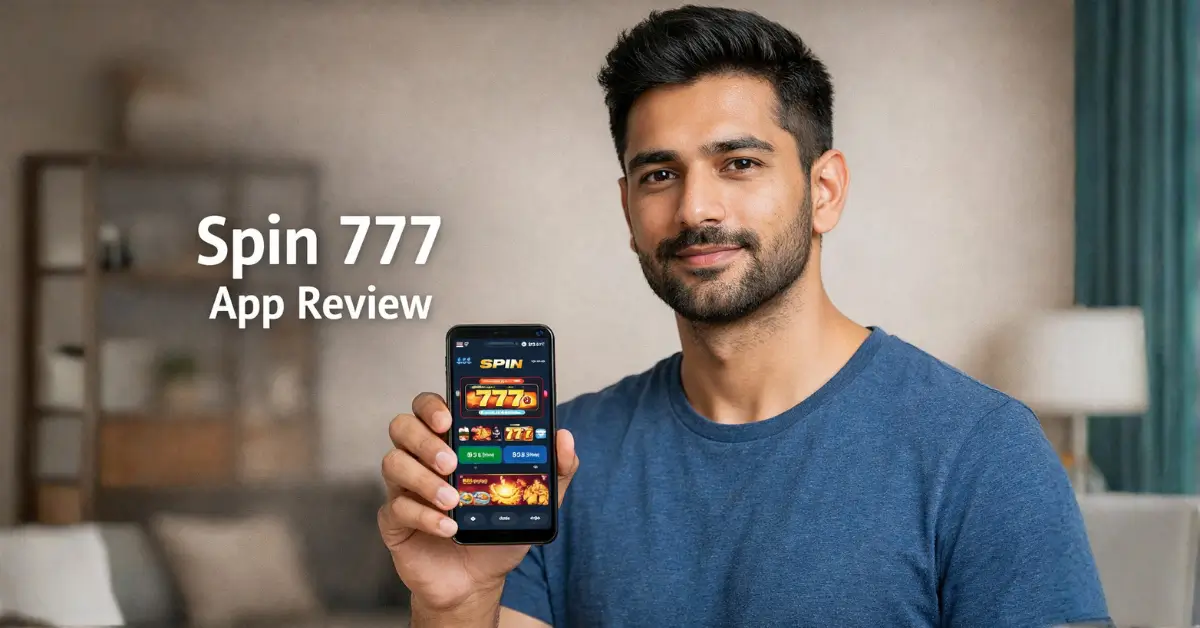 Indian man holding a phone showing the Spin 777 app screen during a safety-focused app review