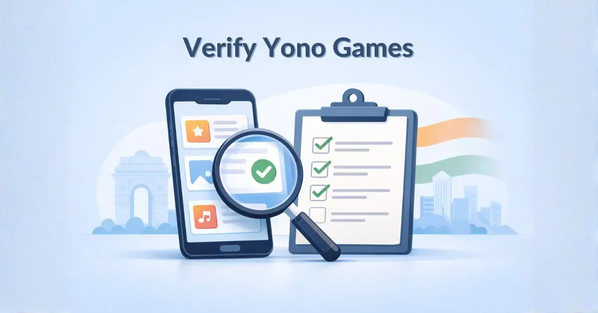 Illustration showing how to verify legit Yono games in India using checks and review signals