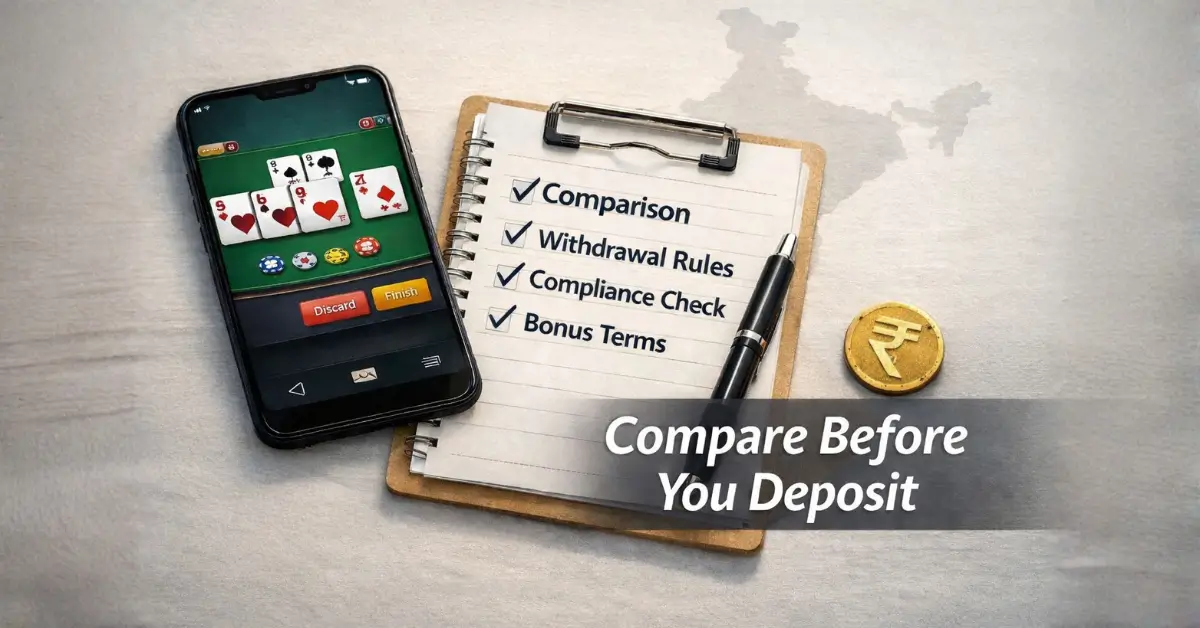 Best Yono Rummy apps in India comparison showing smartphone gameplay and checklist of withdrawal and compliance factors