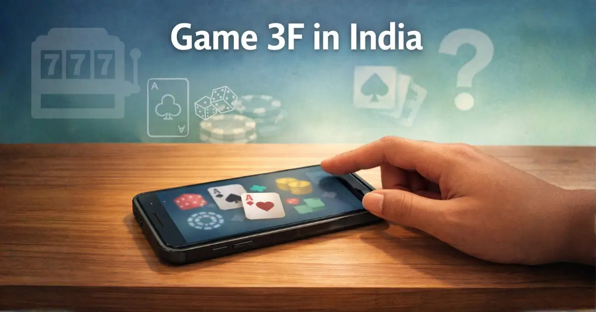 A person’s hand pauses above a smartphone showing a Game 3F-style app, reflecting hesitation before trying the platform in India.