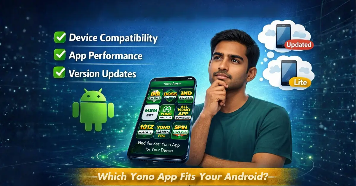 Realistic Indian man thinking about how to choose a Yono app, comparing Android compatibility and app versions
