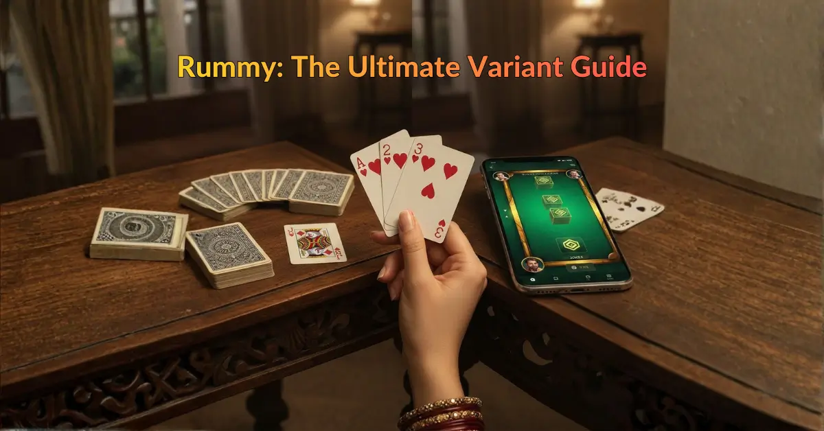 A split screen showing a traditional Indian Rummy setup with cards and chai next to a modern mobile Rummy app interface