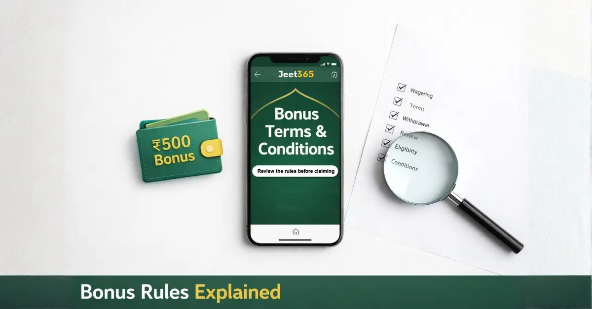 Jeet 365 bonus rules and terms explained on smartphone screen with checklist