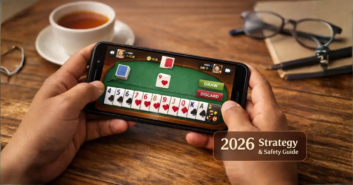 Person playing 13-card rummy on a smartphone while practicing free rummy in India