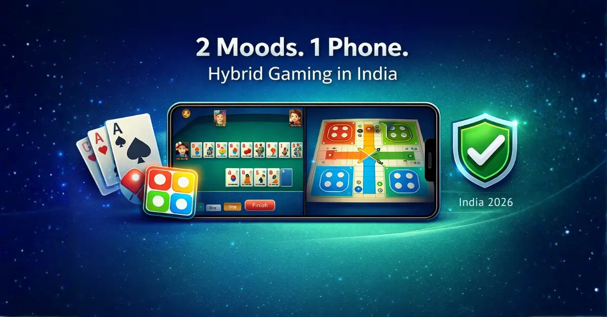 Rummy Ludo hybrid gaming displayed on a smartphone with cards and Ludo board elements in India 2026