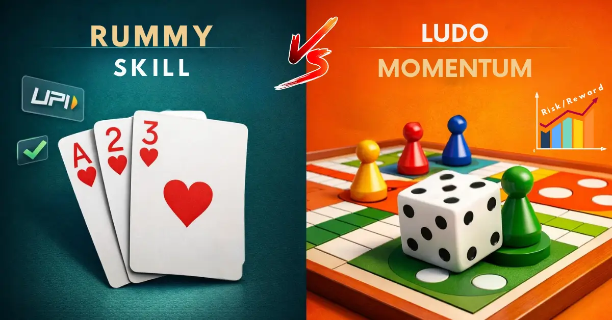 Comparison of Rummy vs Ludo real money games in India showing skill-based cards and a momentum-driven Ludo board