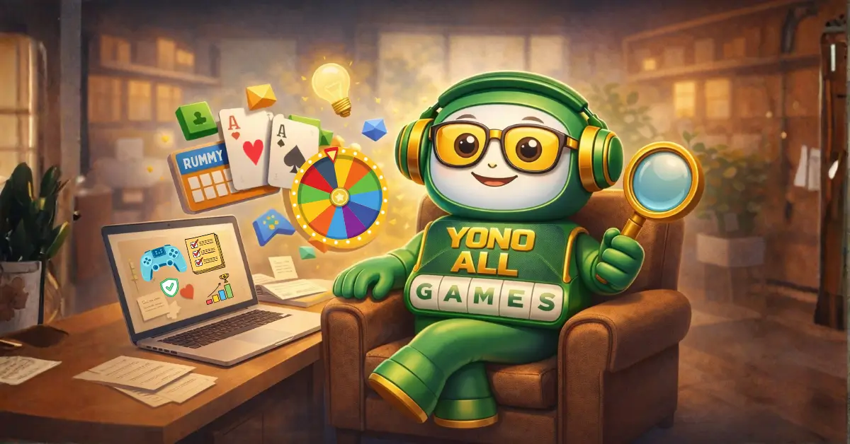 Illustration of a Yono All Games character explaining different game types in India using a magnifying glass.