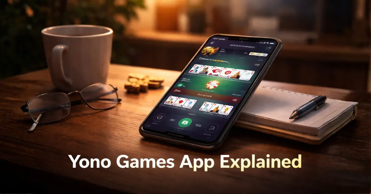 Yono Games app interface shown on a smartphone in a calm Indian home setting