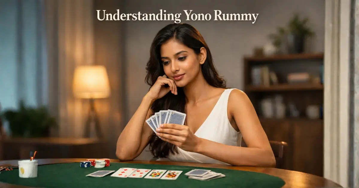 Indian woman playing Yono Rummy with focus, holding cards thoughtfully in a calm indoor setting that reflects skill-based gameplay