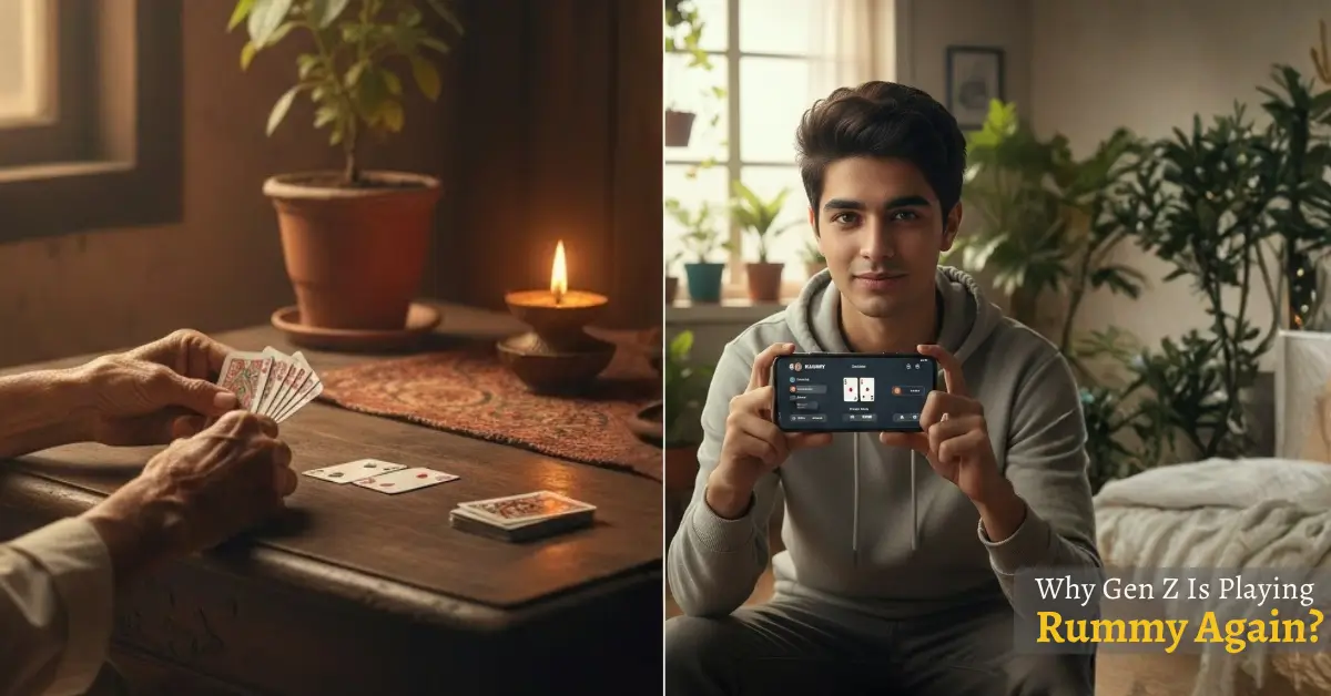 You Know Rummy? Split image showing traditional card play and Gen Z using smartphone for digital rummy in India
