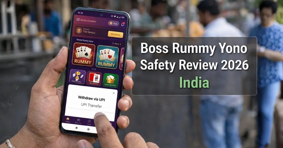 Boss Rummy Yono real or fake review showing app screen with ₹60 bonus and withdraw via UPI option in India