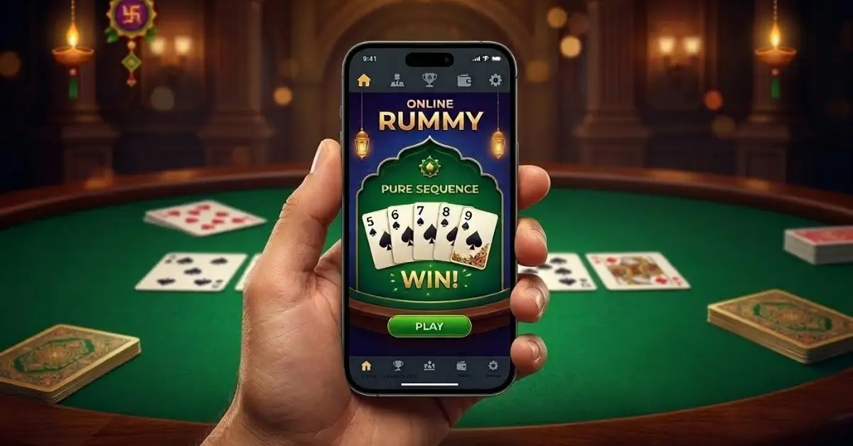 Realistic mobile phone display of a winning 13-card google rummy hand with a pure sequence of spades