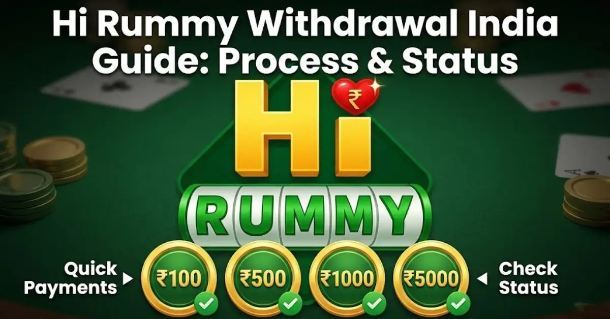 Step-by-step Hi Rummy withdrawal guide for India showing quick payment status, Rupee cash rewards, and app dashboard