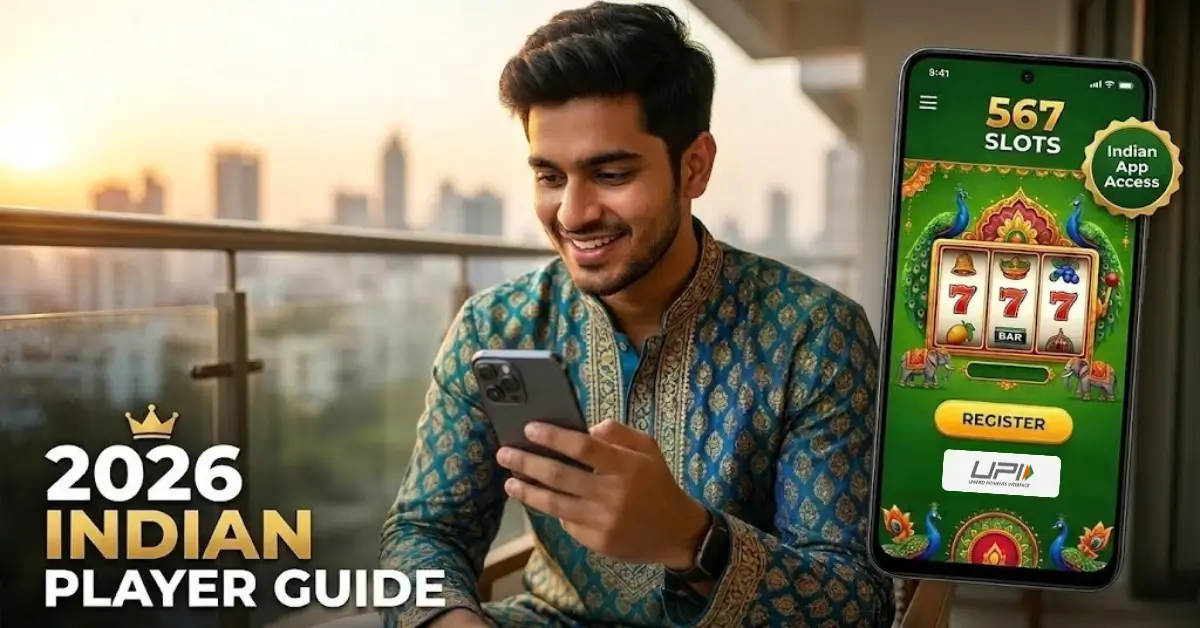 A smiling Indian player learning how to choose a slot app on his mobile phone with UPI payment options visible