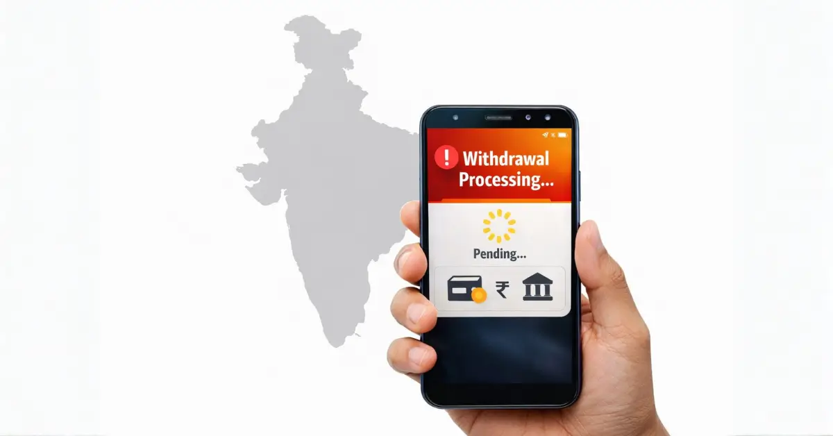 Smartphone showing withdrawal pending message illustrating an MQM Bet withdrawal problem in India