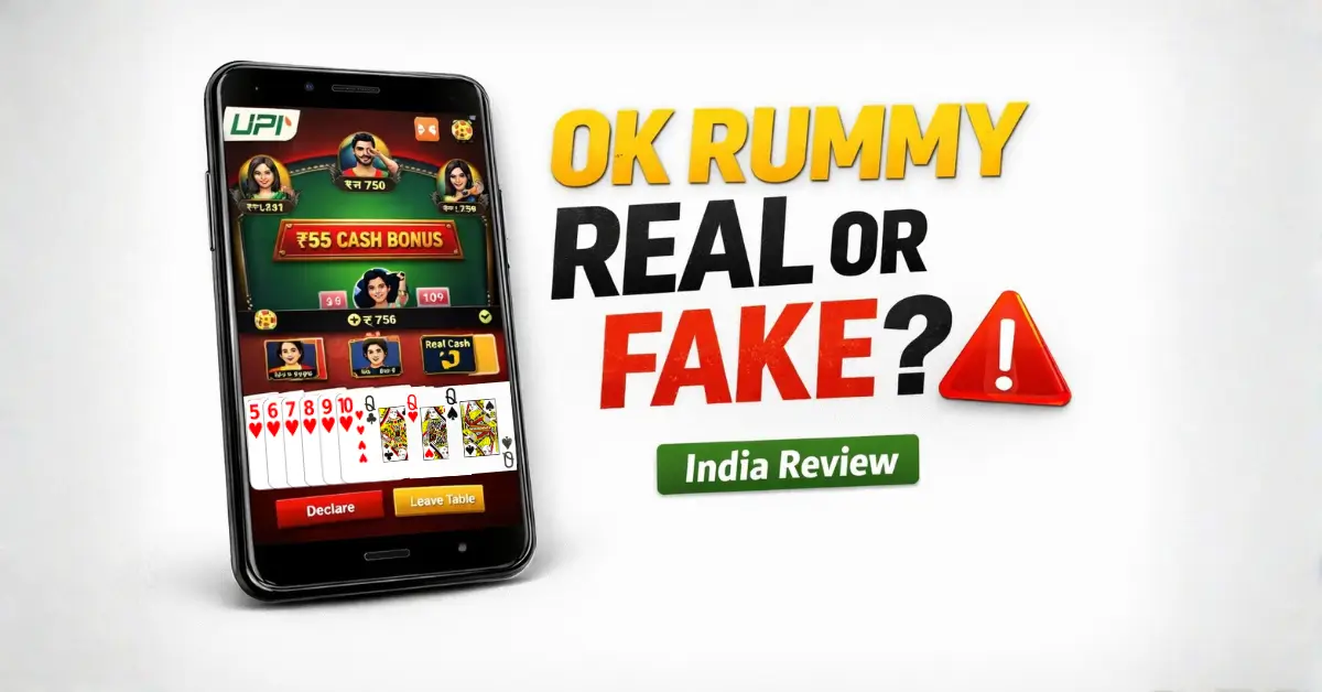 Ok Rummy real or fake in India review showing rummy app gameplay on a smartphone