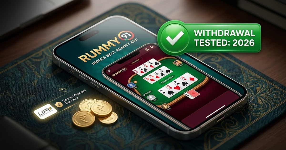 A smartphone screen showing a 13-card game for a dedicated Rummy 91 withdrawal guide and safety verification