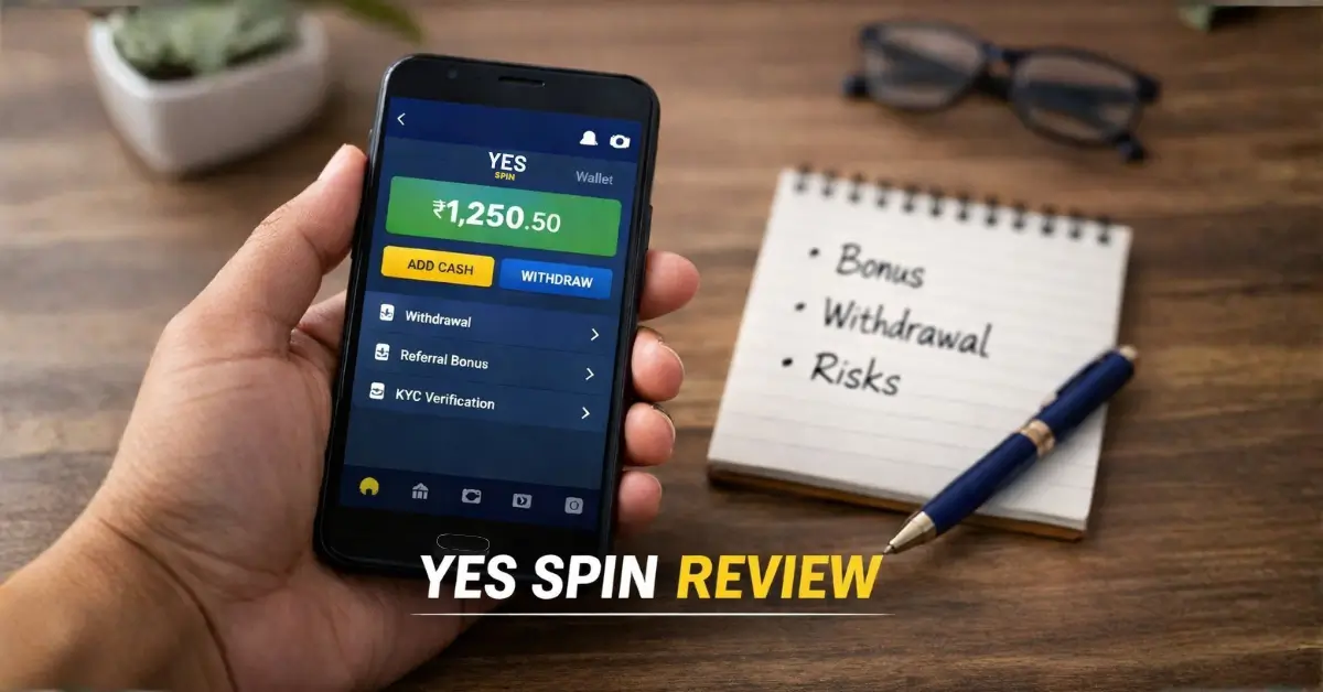 Android phone displaying Yes Spin wallet screen for game review in India