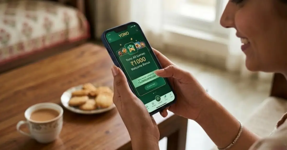 Indian user viewing a mobile app guide for the yono all games 1000 bonus with a clear interface and currency symbol